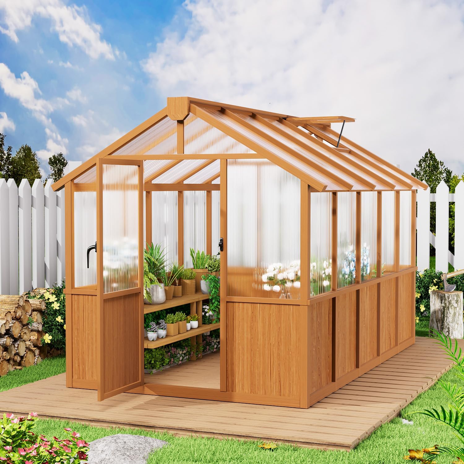 6x10 FT Wooden Greenhouse,Natural Wood Garden House for Plants,Heavy Duty Green House with Polycarbonate Panel, Walk-in Large Garden Greenhouse for Yard, Patio, and Backyard