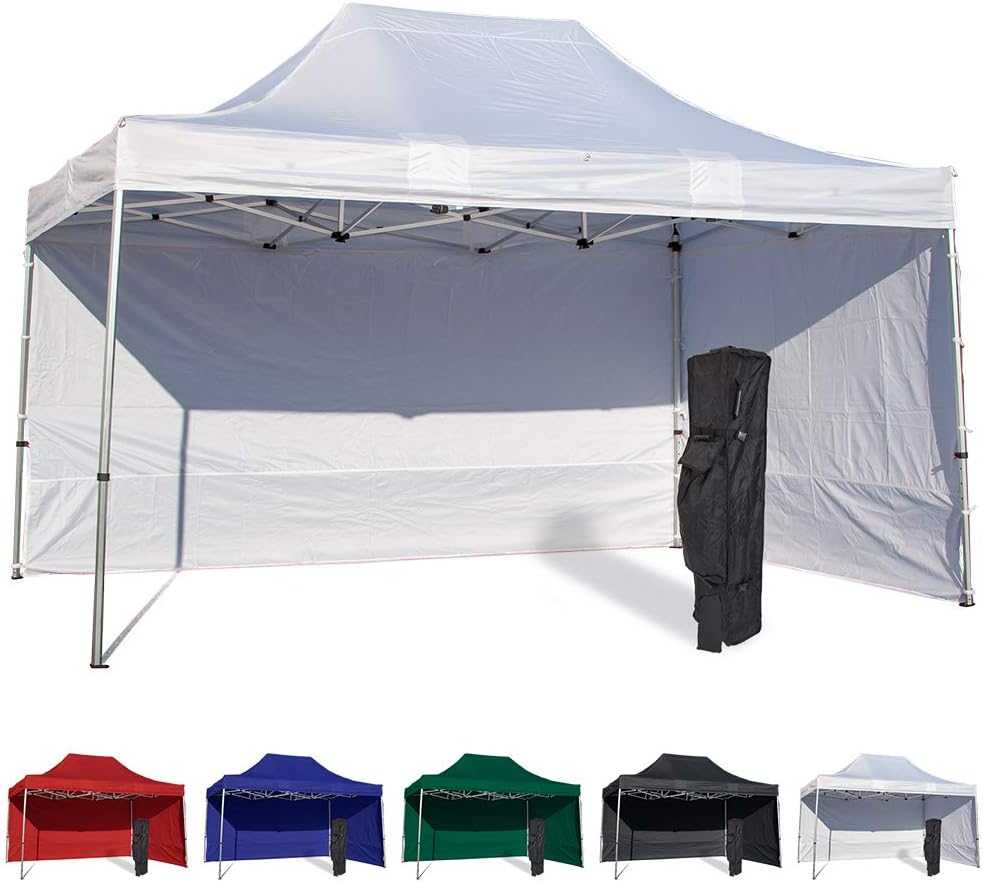 Vispronet 10x15 Instant Canopy Tent and 2 Side Walls – Commercial Grade Aluminum Frame with Water-Resistant Canopy Top and Sidewall – Bag and Stake Kit Included (White)