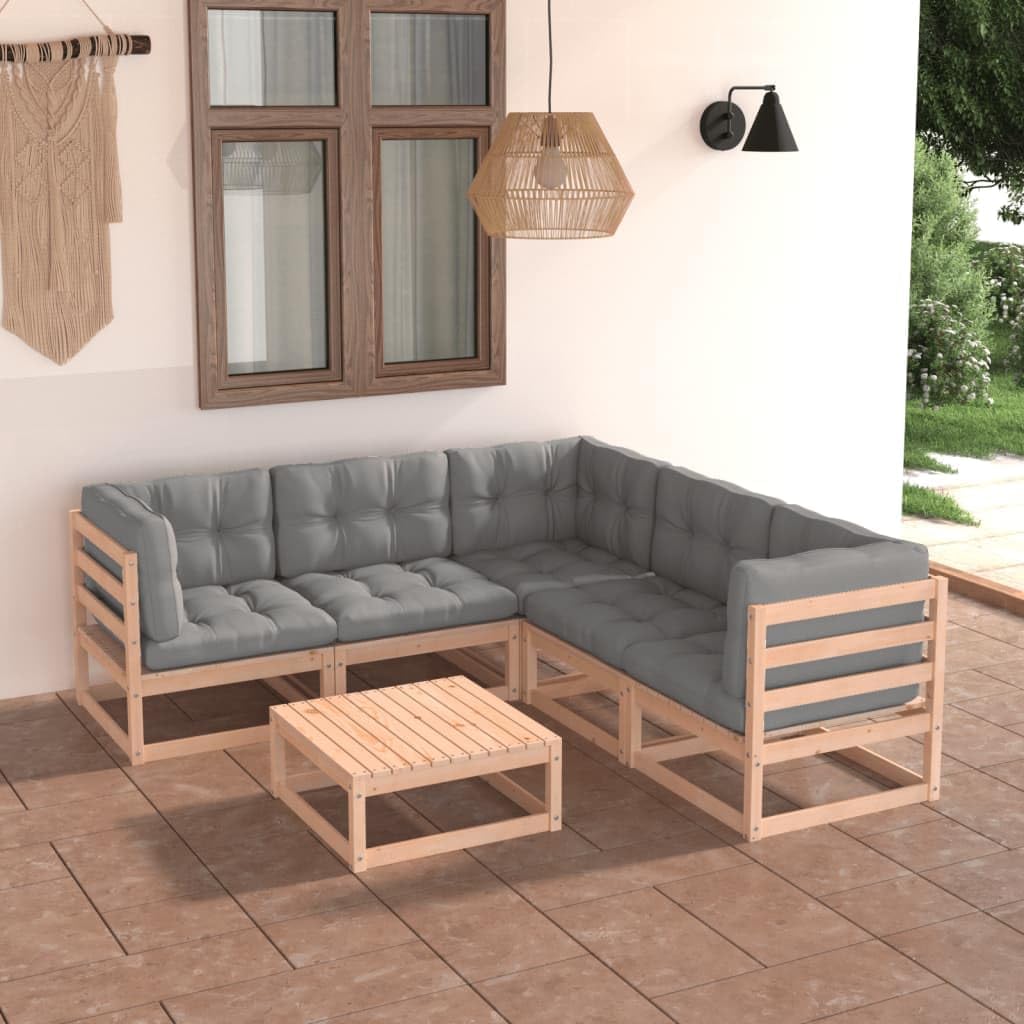 6 Piece Patio Lounge Set with Cushions Solid Wood Pine,Modern Outdoor Patio Lounge Set with Comfortable Gray Cushions for Relaxing and Entertaining Patio Furniture Sets, Outdoor Furniture Sets