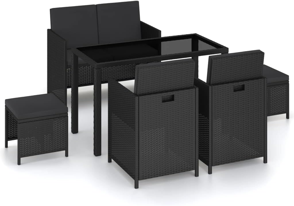 6 Piece Patio Dining Set with Cushions Poly Rattan Black,Elegant Outdoor Rattan Dining Set for Patio or Garden Furniture Sets for Patio, Lawn & Garden