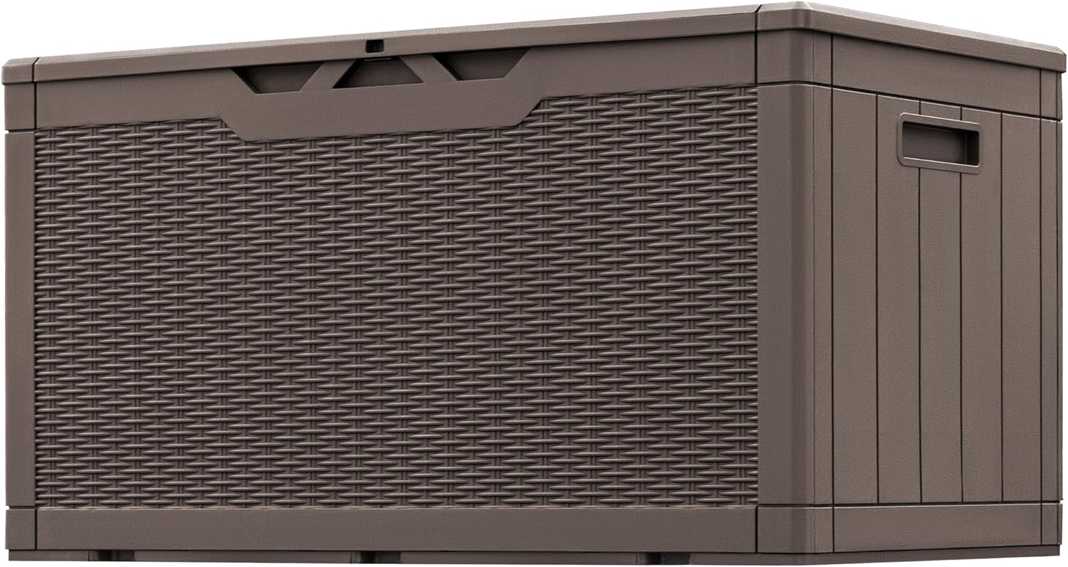 Greesum 100 Gallon Resin Patio Storage Box for Garden Tools, Outdoor Furniture Cushions, Pool Supplies, Dark Brown