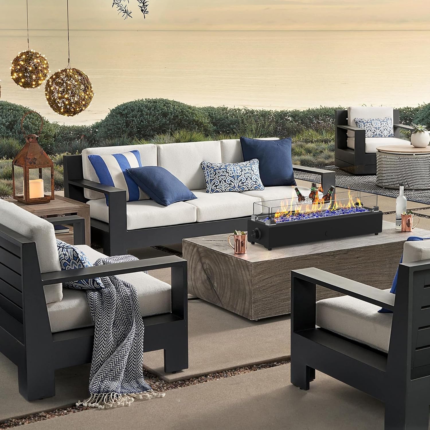 28-inch Table Top Propane Fire Pit, 40,000 BTU Tabletop Firepit for Patio, Outdoor Portable Rectangular Fire Bowl w/Wind Glass Shield, Glass Rocks - Black