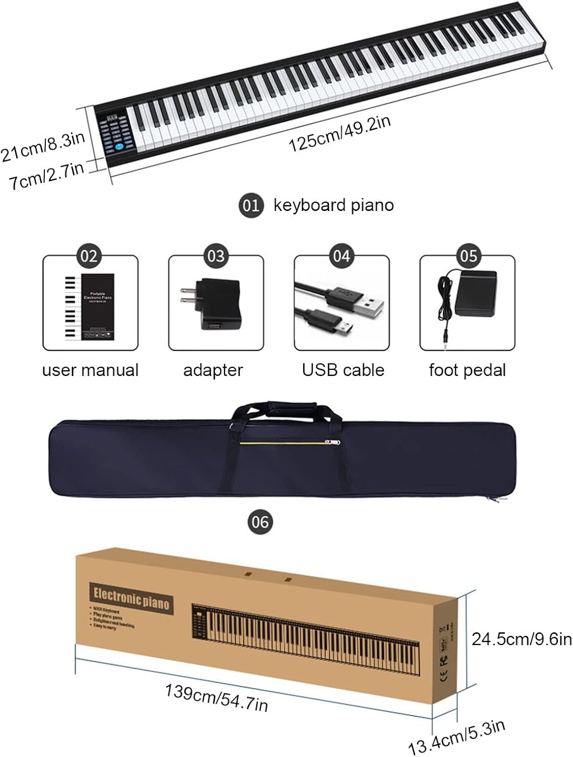 Digital Keyboard Piano 88 Key Semi-weighted Portable Electric Keyboard Built-in Speaker Rechargeable Battery Music Instrument with Bluetooth MIDI Connection For Beginners and Kids