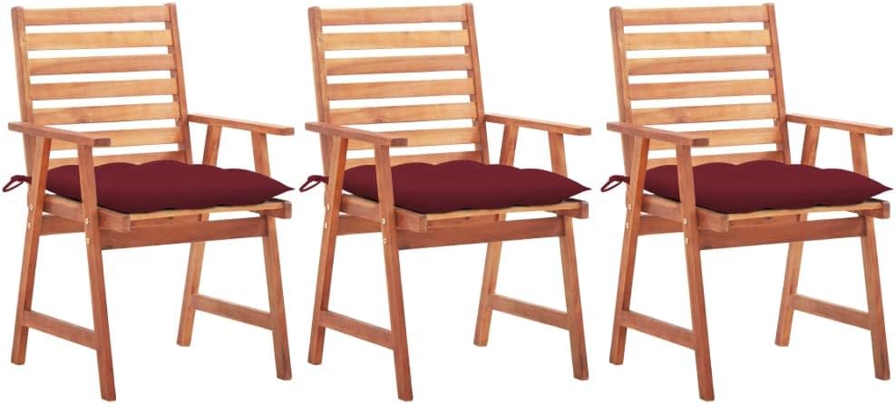 Patio Dining Chairs 3 pcs with Cushions Solid Acacia Wood,Stylish Acacia Wood Dining Chair Set with Wine Red Cushions for Outdoor Dining Outdoor Furniture, Outdoor Chairs