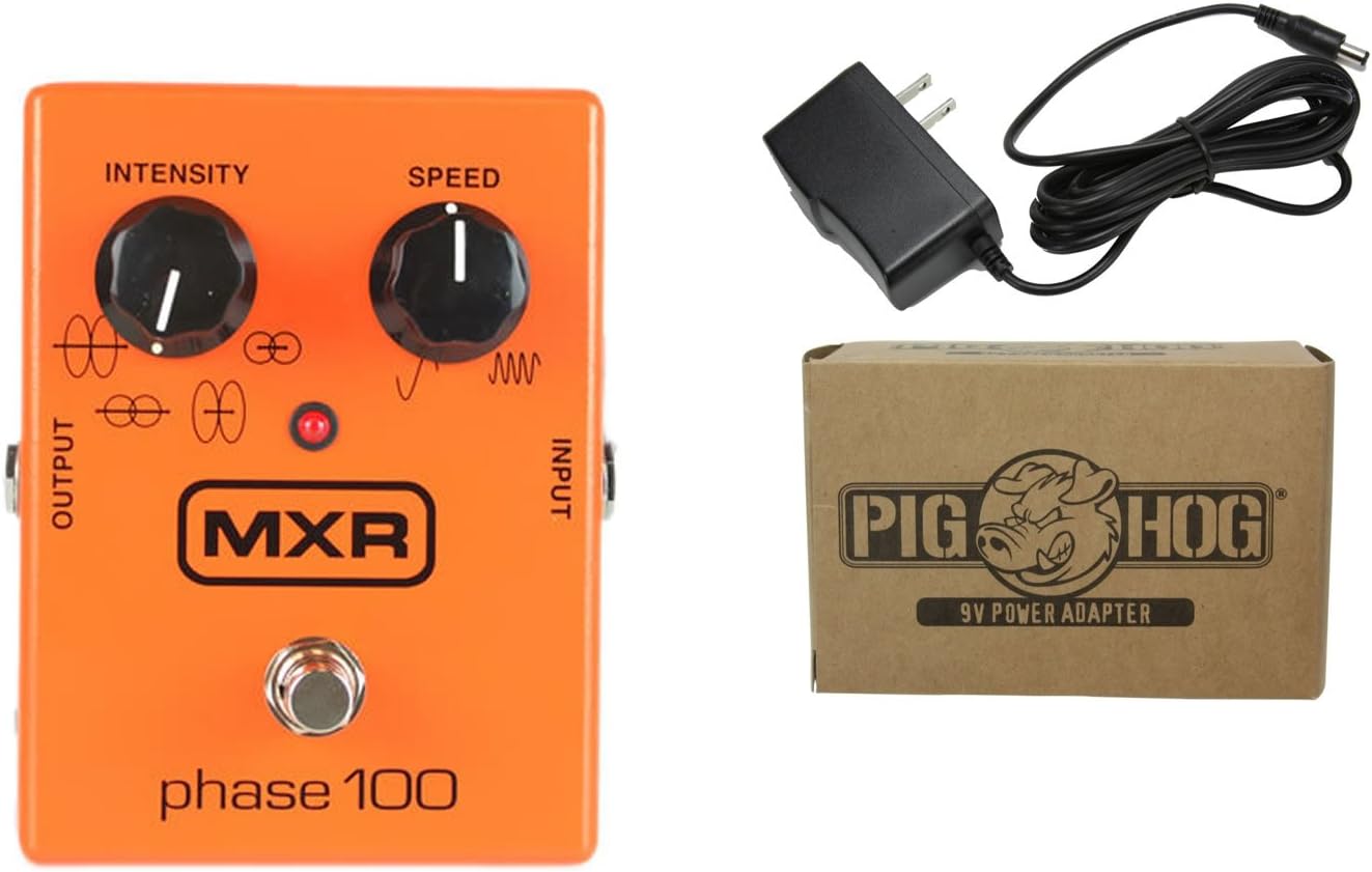 MXR M107 Phase 100 Power Bundle with Pig Hog 9V Power Adapter: Orange Guitar Phase Shifter Effects Pedal