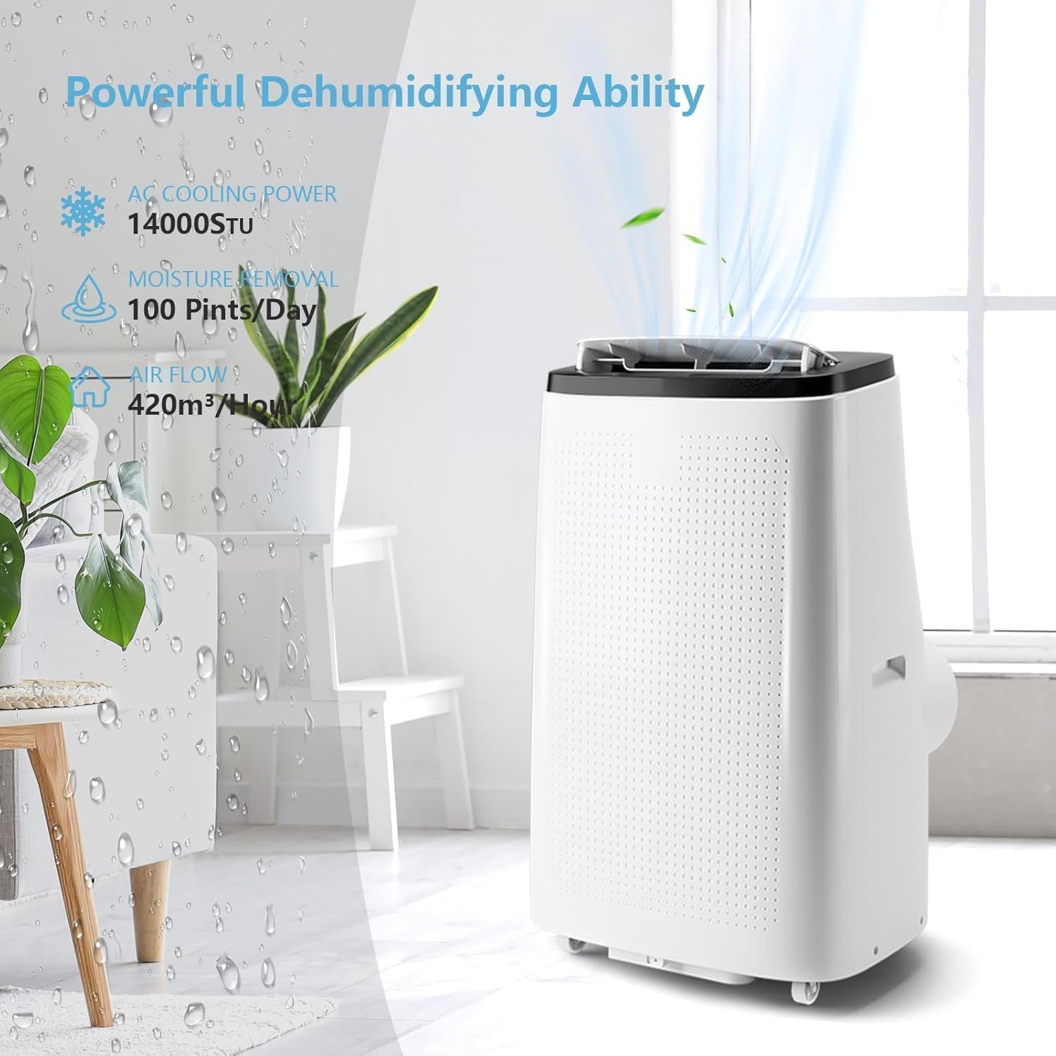 14,000 BTU Portable Air Conditioner - 3-in-1 Cooling for 750 Sq.Ft Rooms - Ultra-Quiet with Sleep Mode & 24H Timer - Energy Efficient AC Unit w/Remote for Home/Office/RV, White+Black