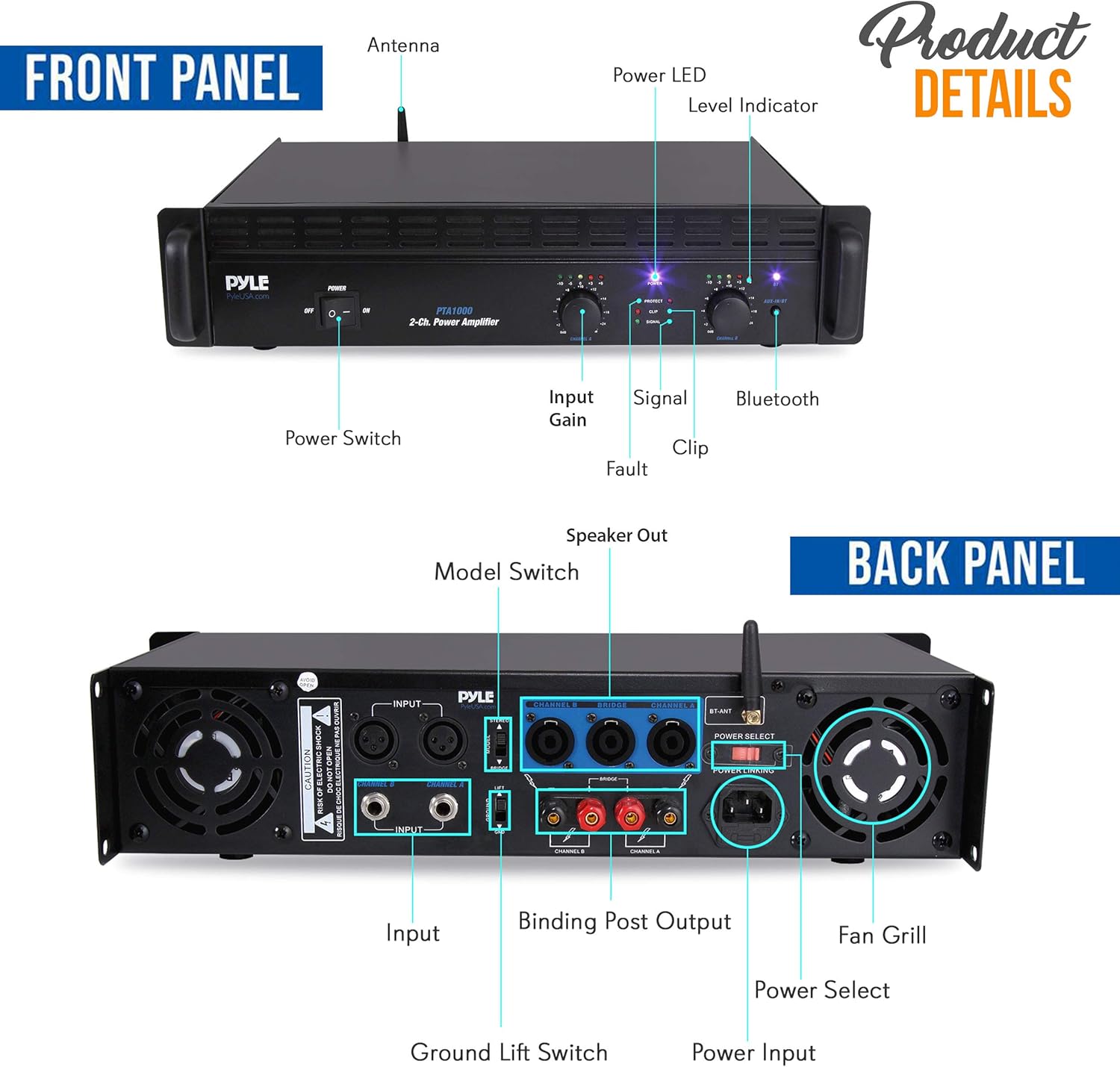 Pyle Professional Audio Bluetooth Power Amplifier - 2-Channel Rack Mount Bridgeable, LED Indicators, Shockproof Binding Posts, Cooling Fans 1000 Watt - Pyle Pro PTA1000.5