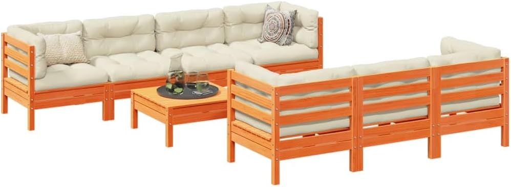 Garden Sofa Set, Wax Brown Solid Pine Wood Outdoor Furniture, Waterproof Cushions, 7-Seater Patio Dining Set, Balcony Furniture