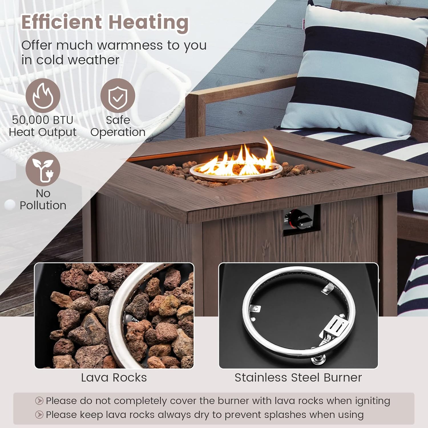 COSTWAY 32 Inches Propane Fire Pit, 50,000 BTU Gas Fire Pit Table with Lid, Lava Rocks, Protective Cover, 2-in-1 Outdoor Fire Table with Adjustable Flame, Stainless Steel Burner, CSA Certification