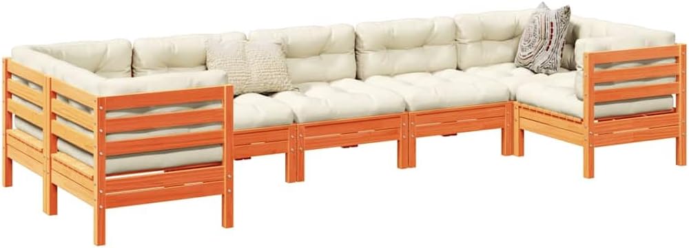 7 Piece Patio Sofa Set with Cushions Wax Brown Solid Wood Pine Garden Furniture