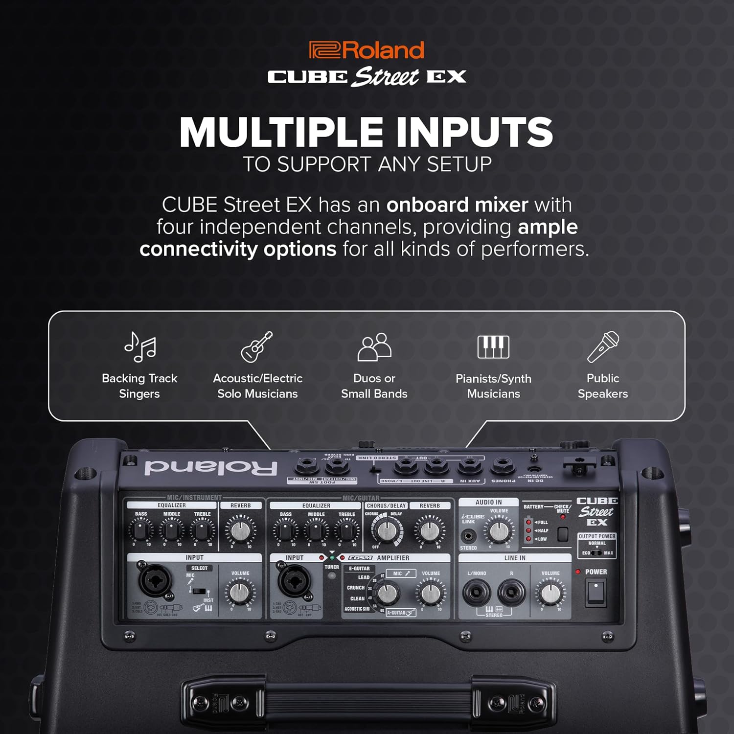 Roland Cube Street EX | Battery-Powered 50W Stereo Amplifier | Clear, Dynamic Sound | Ideal for Outdoor Performances | Supports Mics, Instruments & Audio Devices | COSM Tones for Electric Guitar