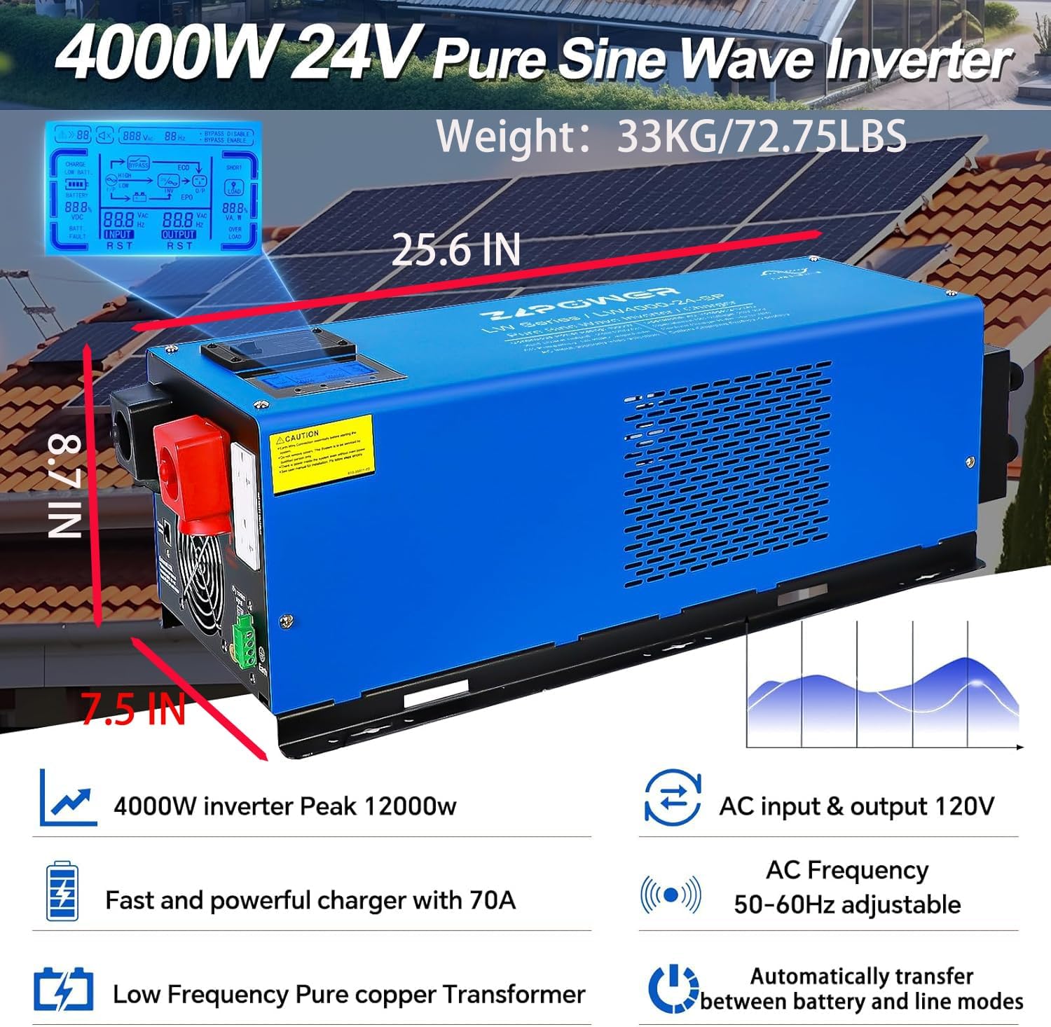 ZLPOWE 4000W Inverter Charger 24V DC and 240/120V AC Selectable Output Voltage Split Phase Low Frequency Peak 12000w Pure Sine Wave Inverters with Battery Charger LCD Panel for RV Camper Boat