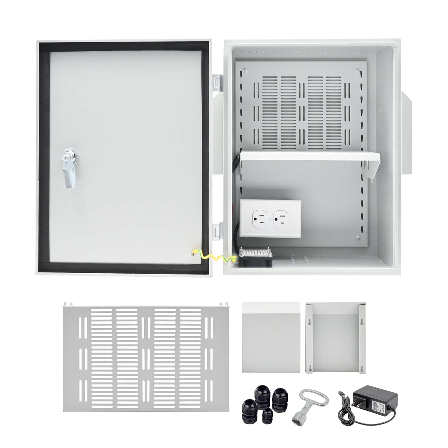 NEMA Outdoor Electrical Box (15.7″ x 11.8″ x 7.9″) Metal Enclosure, Universal IP Waterproof Equipment Box w/DC Fan & 12V Adapter, Removable DIY Mounting Plate, One-Piece Ventilation