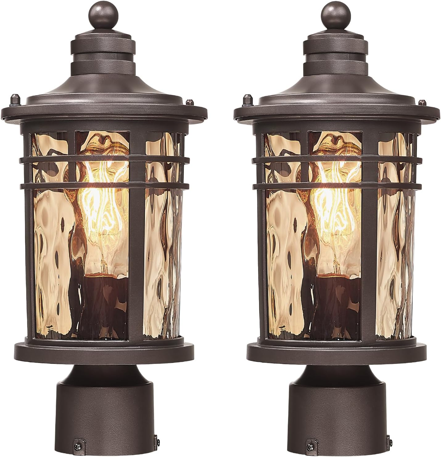 Darkaway Outdoor Post Light,2pcs Lamp Post Light Fixture, Waterproof Aluminum Housing with Amber Ripple Glass for Garden Patio Pathway Entry