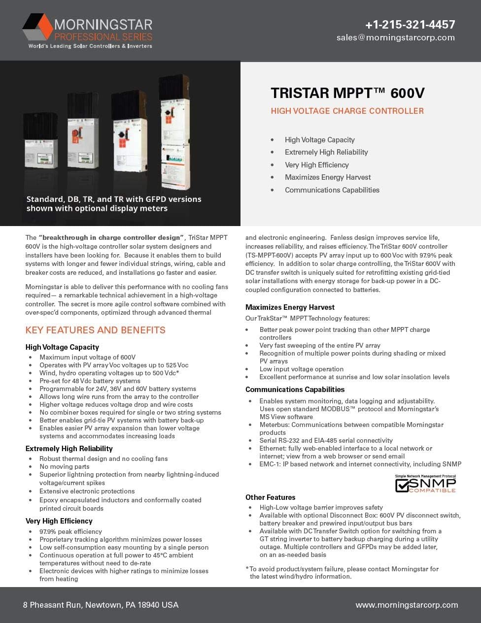 Morningstar Tristar MPPT 600V Solar Charge Controller w/ Disconnect Box (TS-MPPT-60-600V-48-DB) - Intelligent High Voltage Solar Panel Regulator for LA/Li Batt., 97.9% Effic., Data/Comms, 5 Yr. WTY