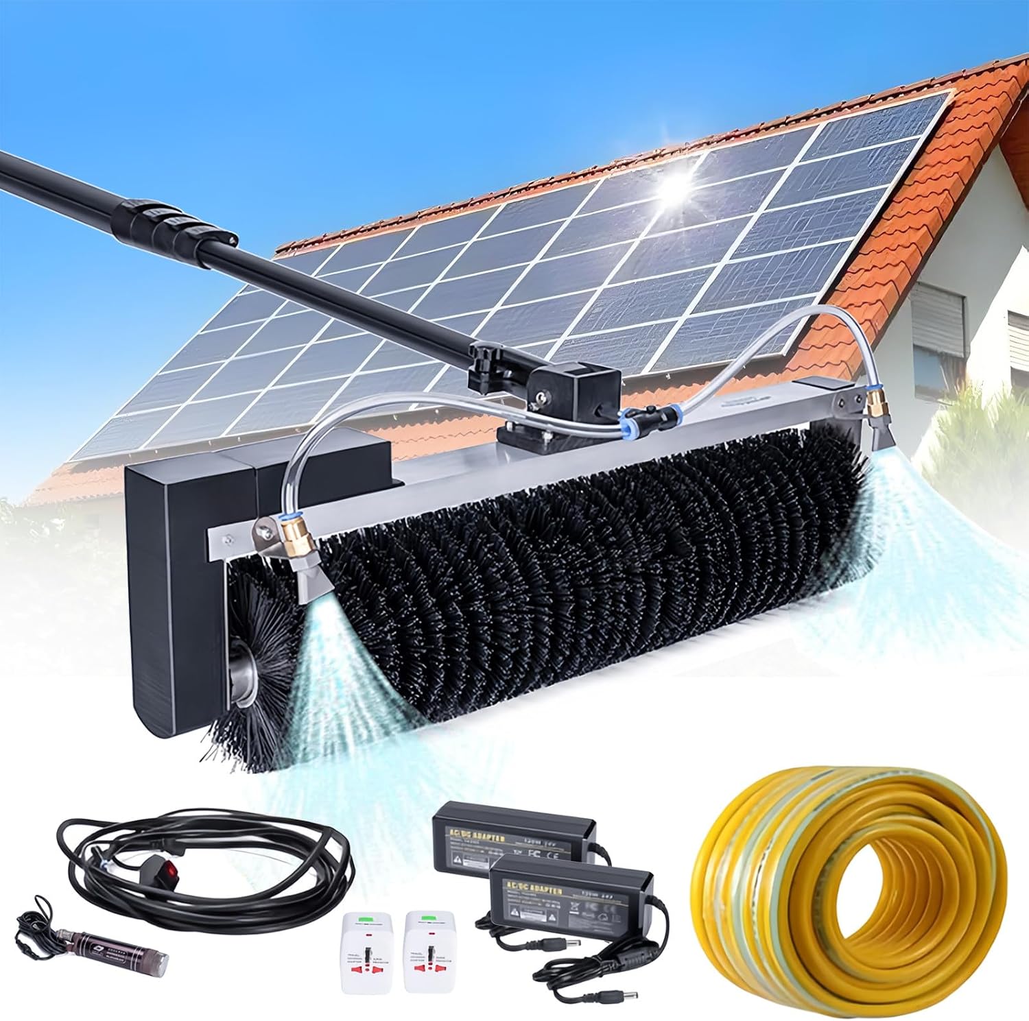Solar Panel Cleaning Telescopic Rod Brush,11/18/25Ft Hand-held Electric Photovoltaic Panel Washing Kit 360° Automatic Rotation,Electric Water Fed Pole Kit for RV Glass,Store Signs,Roof (7.5m/25ft)
