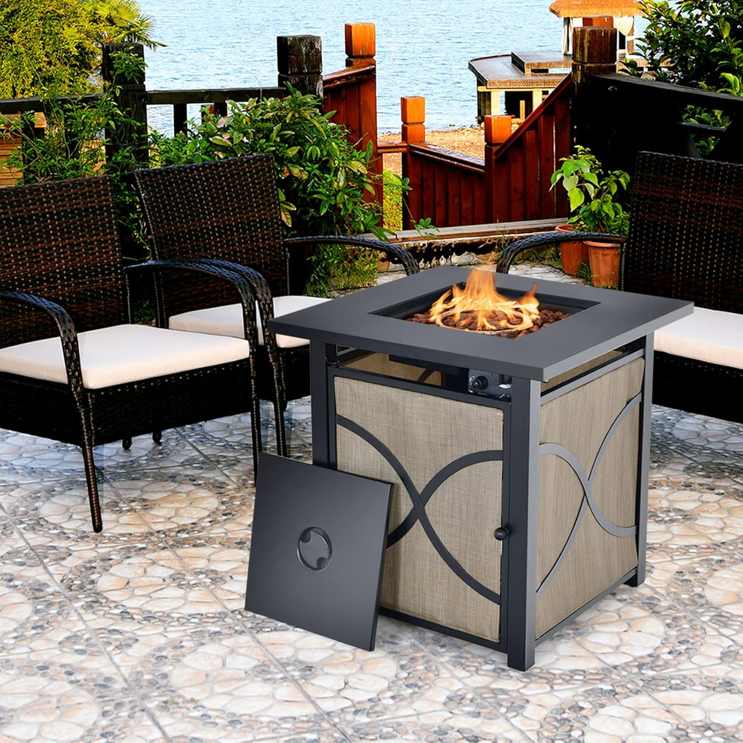 Tangkula 25-Inch Propane Fire Pit Table, Patiojoy 40,000 BTU Auto Ignition Gas Fire Table with Removable Lid, Fire Glass, Adjustable Flame, Suitable for Patio, Balcony, Garden, Poolside