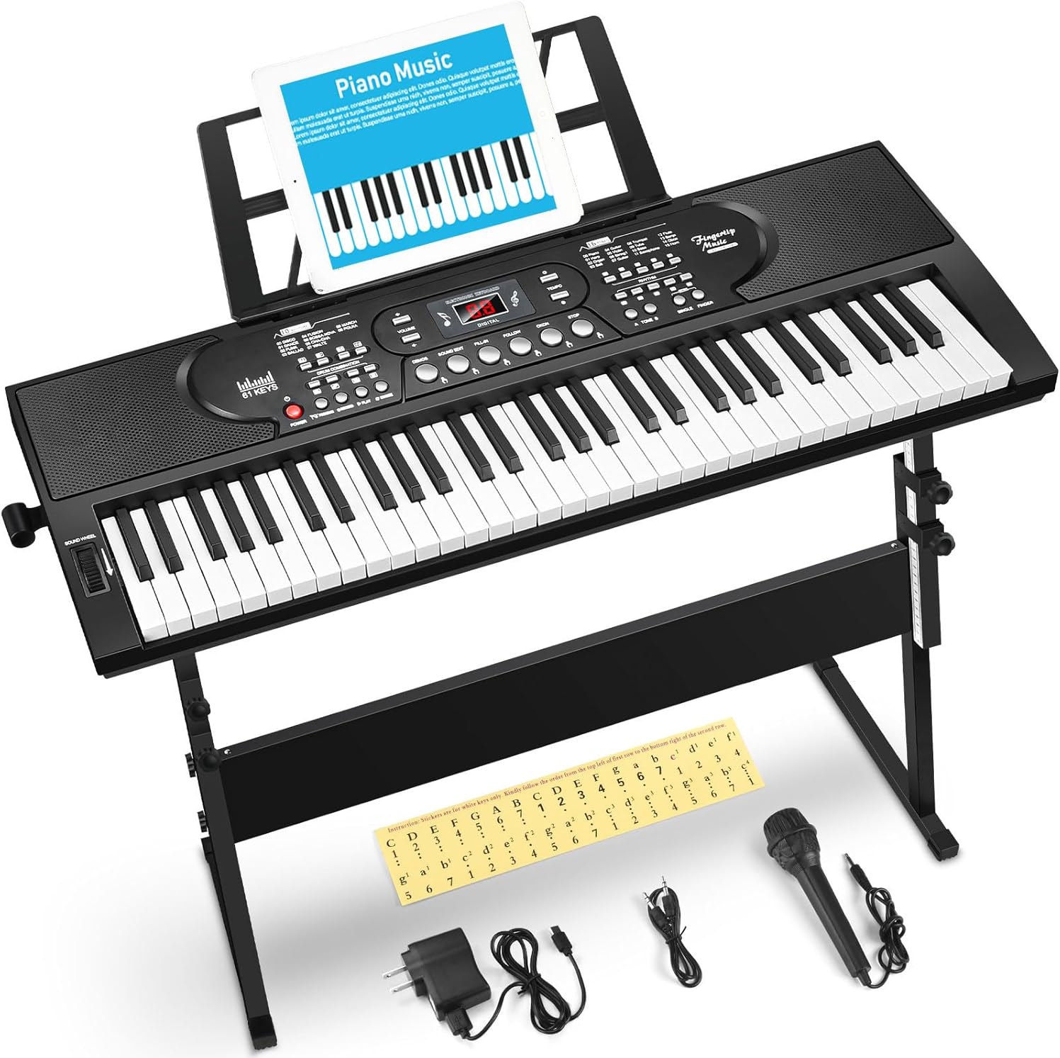 61 Key Keyboard Piano with Stand, Portable Electric Piano Keyboard Kit for Beginners with Stand, Microphone,Note Stickers, Music Rest, Digital Music Keyboard Built-In Speakers