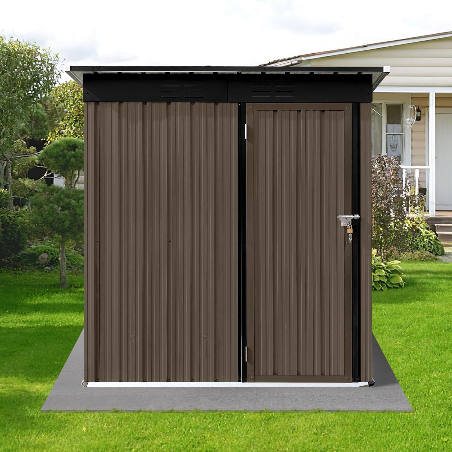 ZeHuoGe Metal Garden Sheds with Punched Vents, Outdoor Storage Sheds, Heavy Duty Storage House,Garden Tool Shed for Backyard Garden Patio (Brown + Black, 5 x 4 Ft)