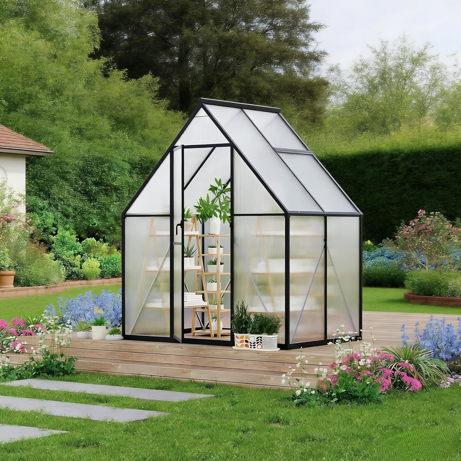 6x4 FT Greenhouse, Walk in Green Houses for Outside and Garden Planting, Polycarbonate Greenhouse with Aluminum Frame, Lockable Door and Ajustable Roof Vent for Backyard, Patio