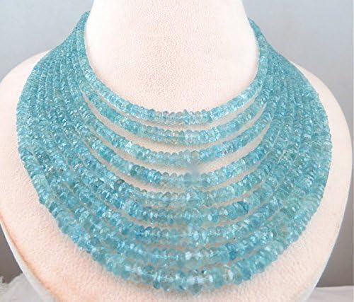 Natural Blue Aquamarine FACETTED Round Beads Necklace 17 inch 8MM to 4MM