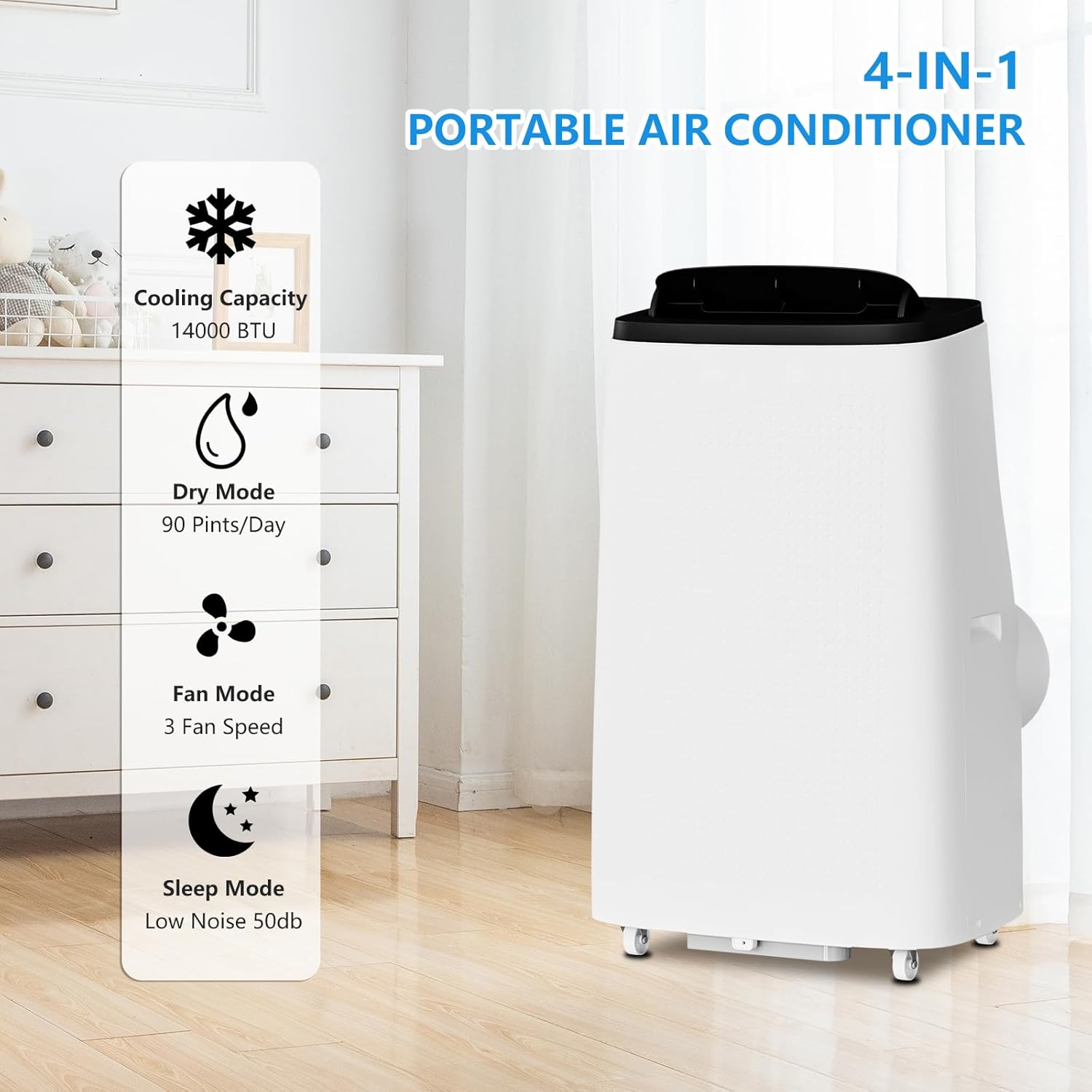 14,000 BTU Portable Air Conditioner for Large Rooms up to 700 Sq.Ft | 3-in-1 Quiet Cooling with Remote Control, Auto Swing & Smart Modes, 24H Timer, Easy Installation Kit
