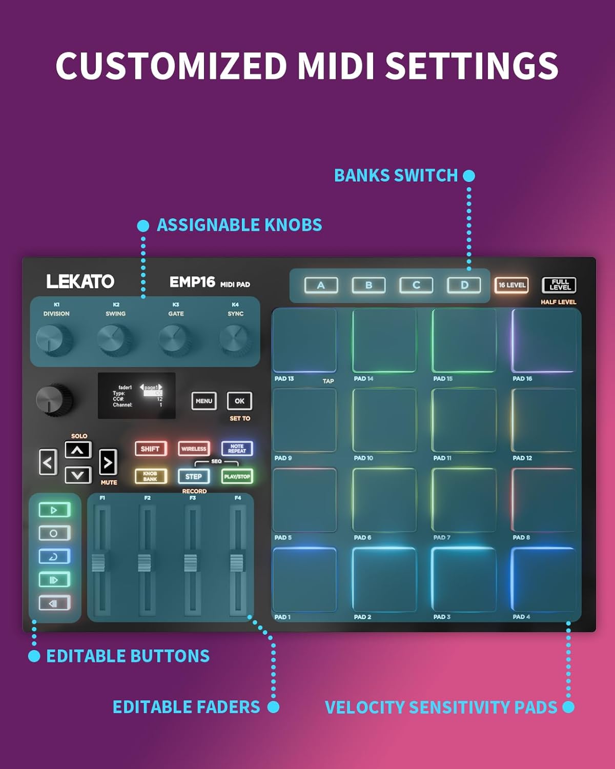 LEKATO MIDI Controller Pad Bluetooth Beat Maker Machine Drum Pad with 16 RGB Beat Pads and 4 Assignable Knobs and Faders, Plug & Play on iPad, iPhone, Mac, PC