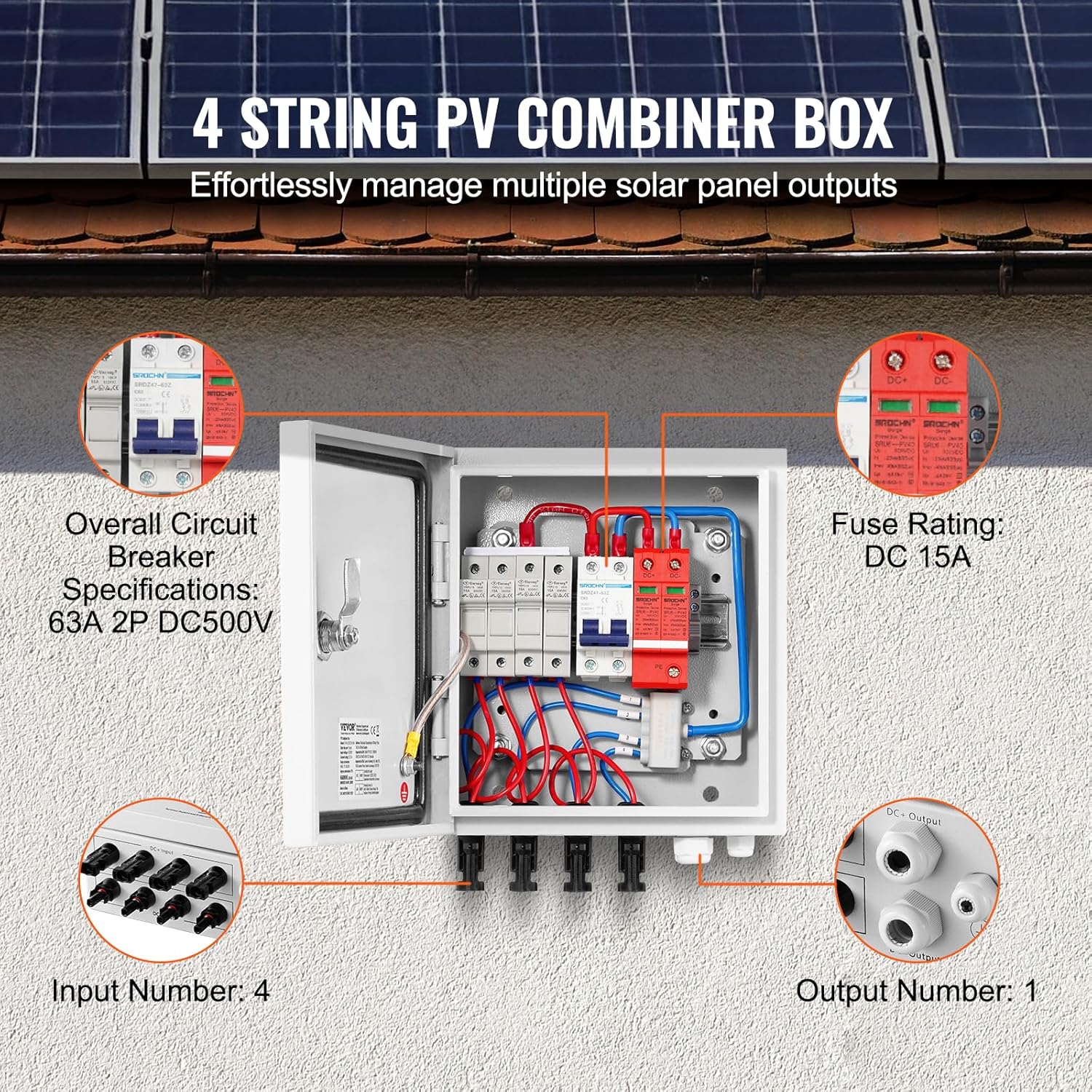VEVOR PV Combiner Box, 4 String Metal Solar Combiner Box with 15A Rated Current Fuse 63A Circuit Breaker Lightning Arrester, Steel Case for On/Off Grid Solar Panel System, IP65