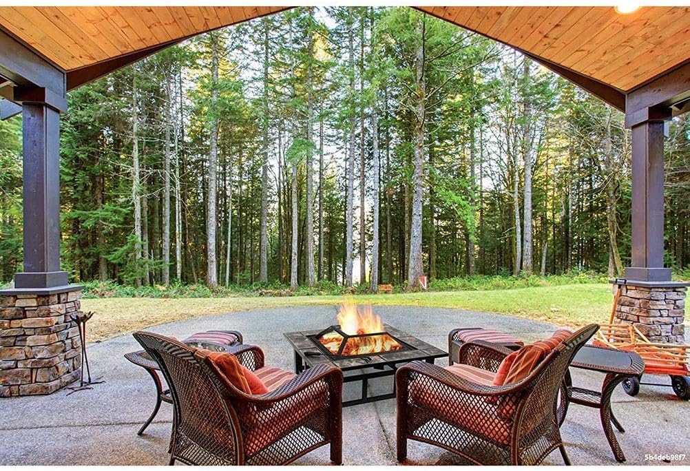 Outdoor Fire Pits Fire Pit with Grill Shelf,Outdoor Metal Brazier Square Table Firepit Garden Patio Heater with Waterproof Cover