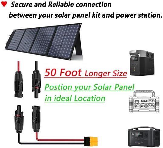 Solar XT60 Adapter Charge Cable 50FT, Solar to XT60 Extension Cord 12AWG for LifePo4 Batteries, Power Stations, Generators