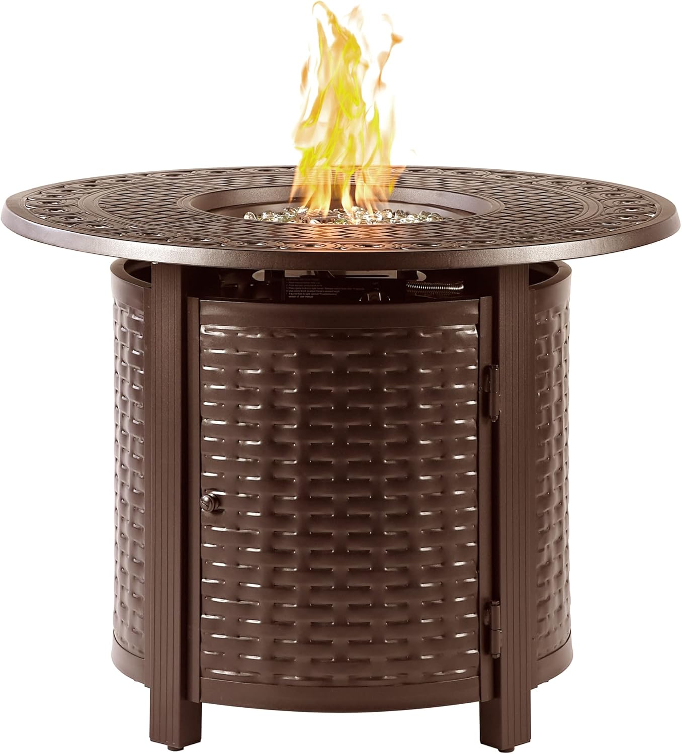 Round 34 in. x 34 in. Aluminum Propane Fire Pit Table with Glass Beads, Two Covers, Lid, 37,000 BTUs in Brown Finish