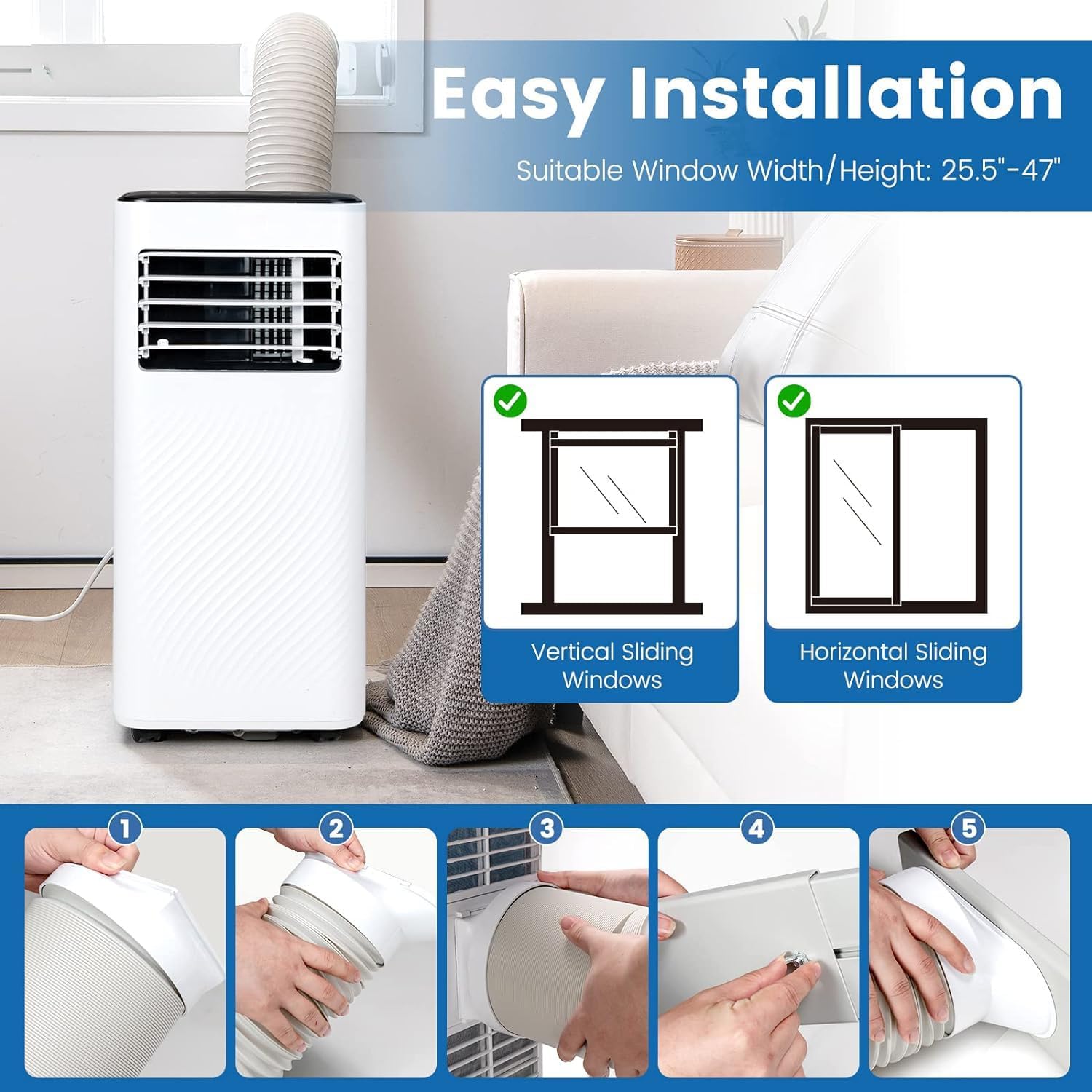 LDAILY Portable Air Conditioners, 4-in-1 Quiet Air Cooler with Fan, Dehumidifier, Sleep Mode, Remote, Touch Screen, 1-24 Timer, AC Unit for Bedroom, Home, up to 350 Sq.Ft (White + Black, 10000 BTU)