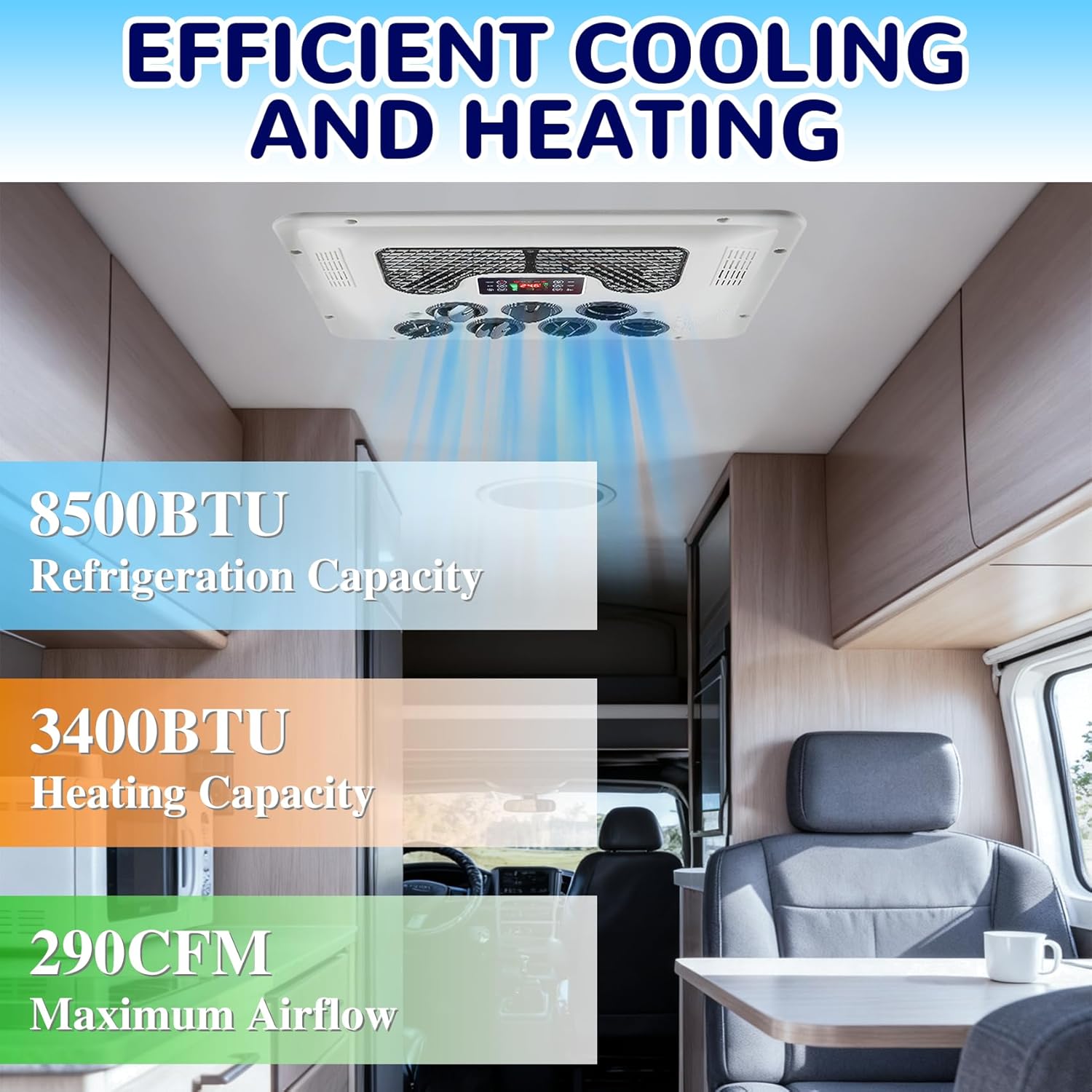12V DC RV Air Conditioner 8500 BTU Ultra-Quiet AC, Fast Cooling and Heating Rooftop RV AC Unit, Easy Install Non-Ducted RV A/C Kit for RVs, Trailers, Campers, Truck (12V, Battery Powered)
