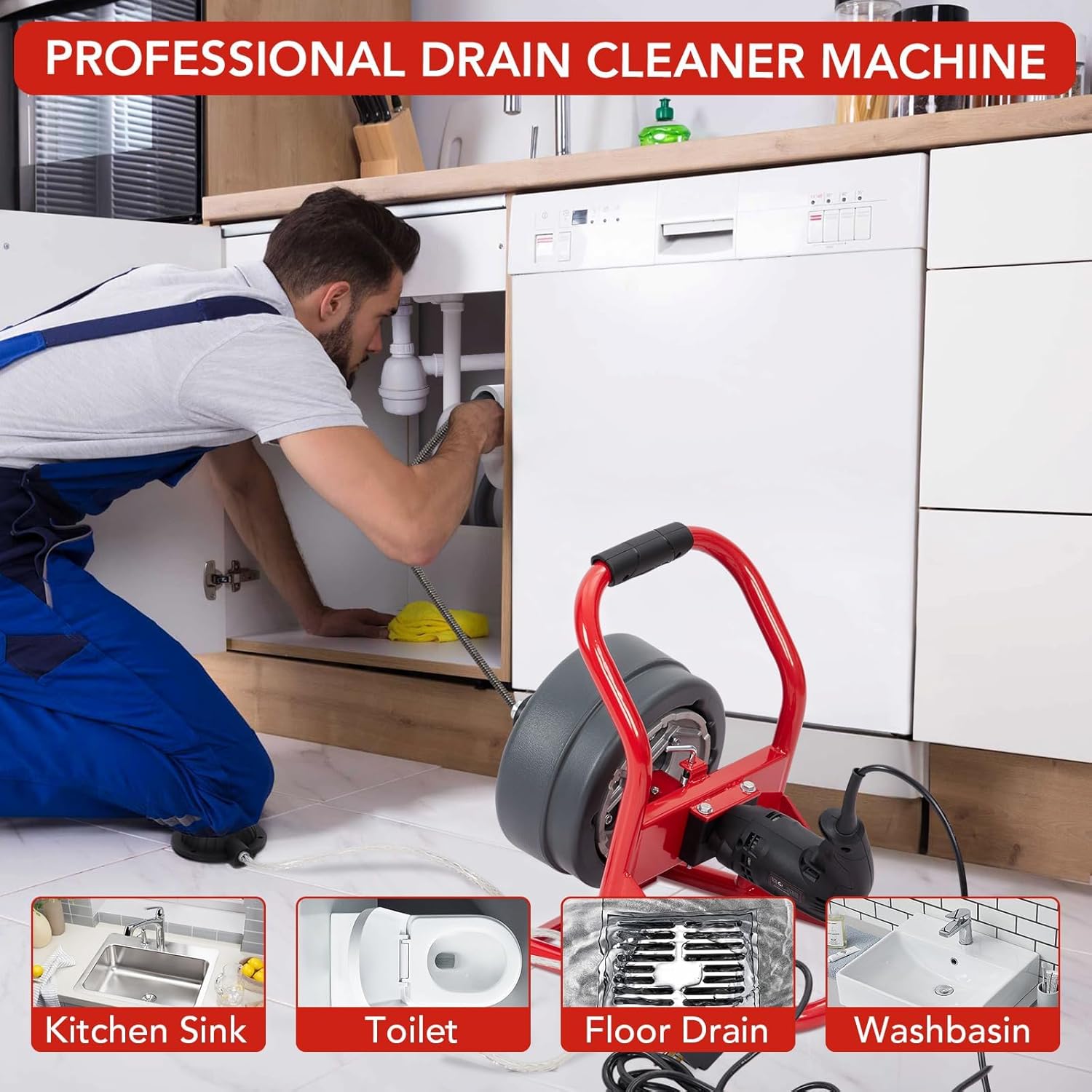 Drain Cleaner Machine 50Ft x 5/16 Inch, Electric Drain Auger Professional, Foot Switch with 6 Cutters, Glove, Drain Auger Cleaner Sewer Snake for 3/4 to 3 Inch Pipes