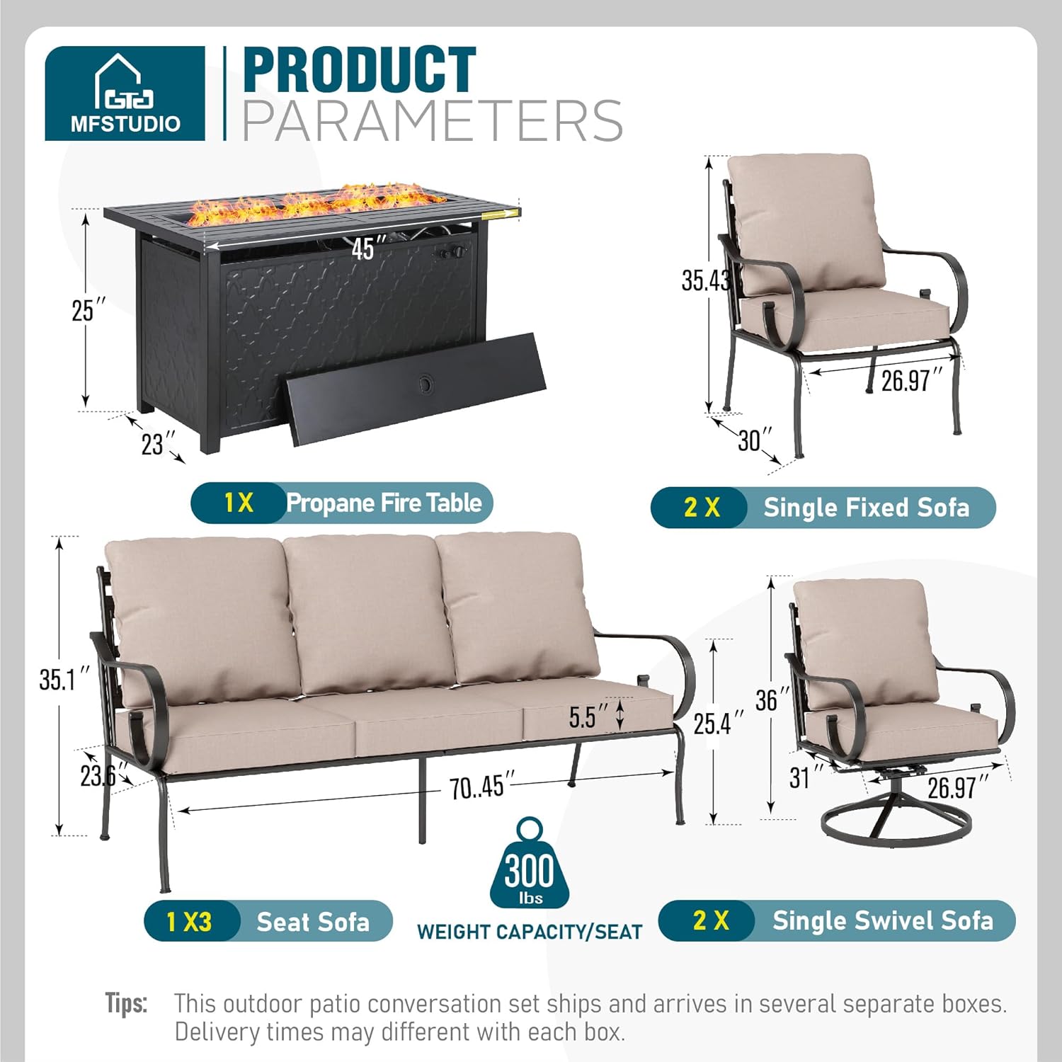 MFSTUDIO 7 Seats Metal Patio Furniture Sets, 6 Pieces Outdoor Sectional Sofa Conversation Set with 2 x Swivel Chairs, 2 x Fixed Chairs, 1 x 3-seat Sofa and 1 x 45 inches Rectangular Fire Pit Table