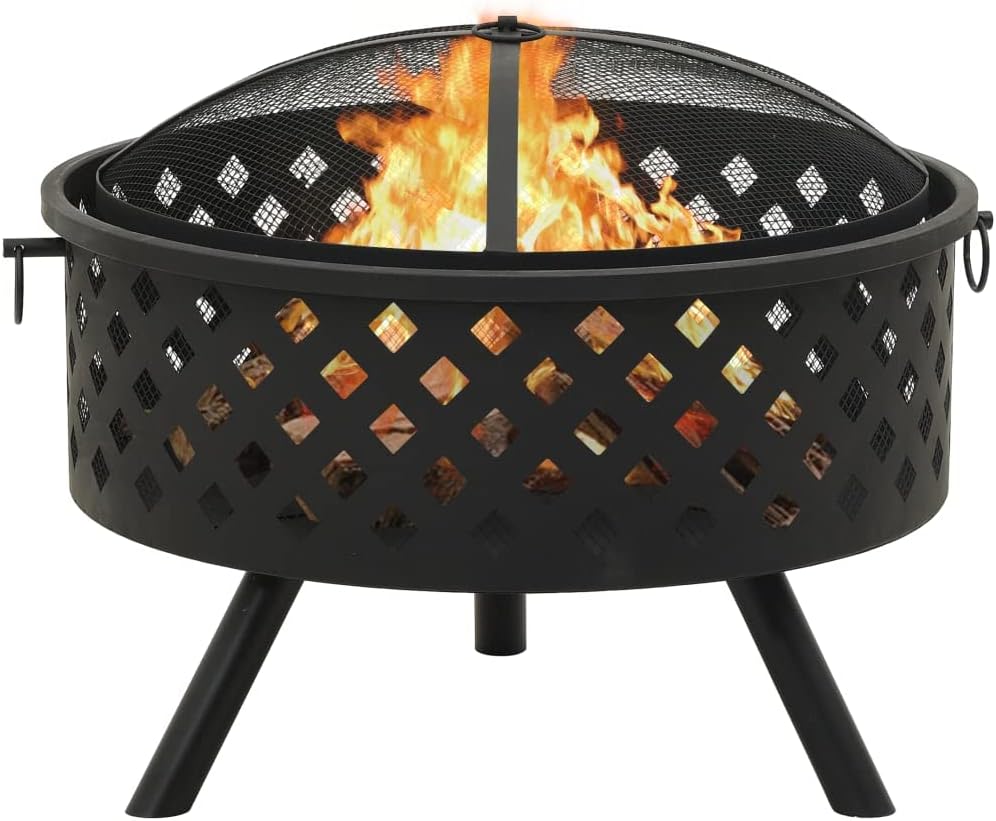Fire Pit with Poker,Camping Fire Pit,Firepit Table for Outside,for Patio Camping Backyard Deck Picnic Porch,with Spark Screen,Log Grate,Poker,26.8 Steel