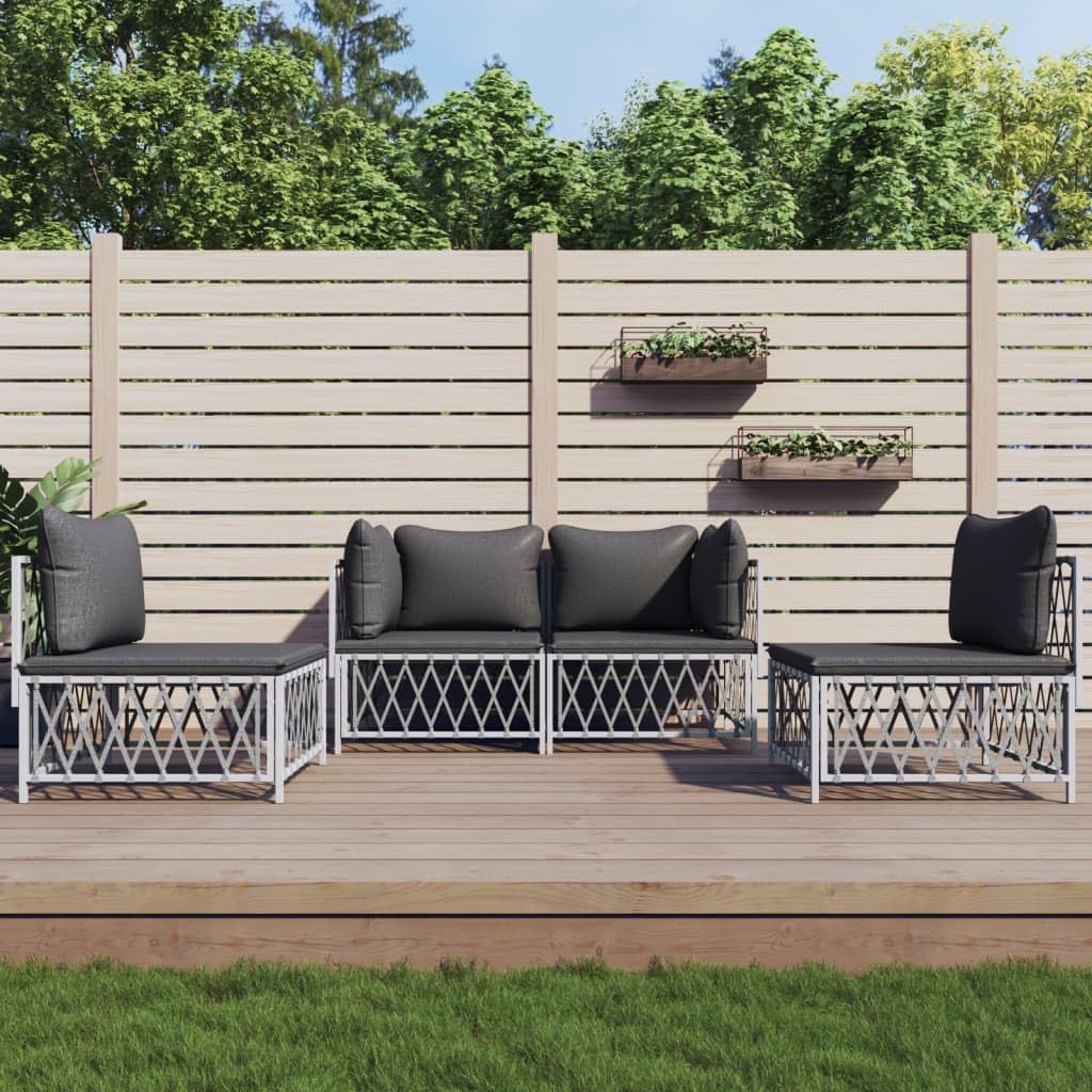 4 Piece Patio Lounge Set with Cushions White Steel,Cozy Outdoor Lounge Sofa Set with Sturdy Steel Frame and Comfortable Cushions for Patio or Garden Patio Furniture Sets, Outdoor Furniture Sets