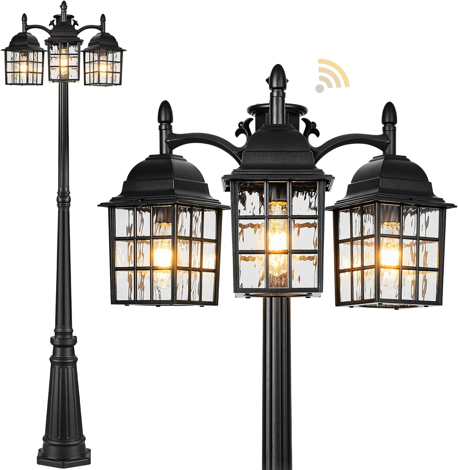 VIANIS 3-Head Lamp Posts Outdoor Lighting, Dusk to Dawn Modern Black Lampposts Outdoor Lighting, Anti-Rust Waterproof Outside Post Light Fixtures with Water Ripple Glass for Yard, Garden, Backyard