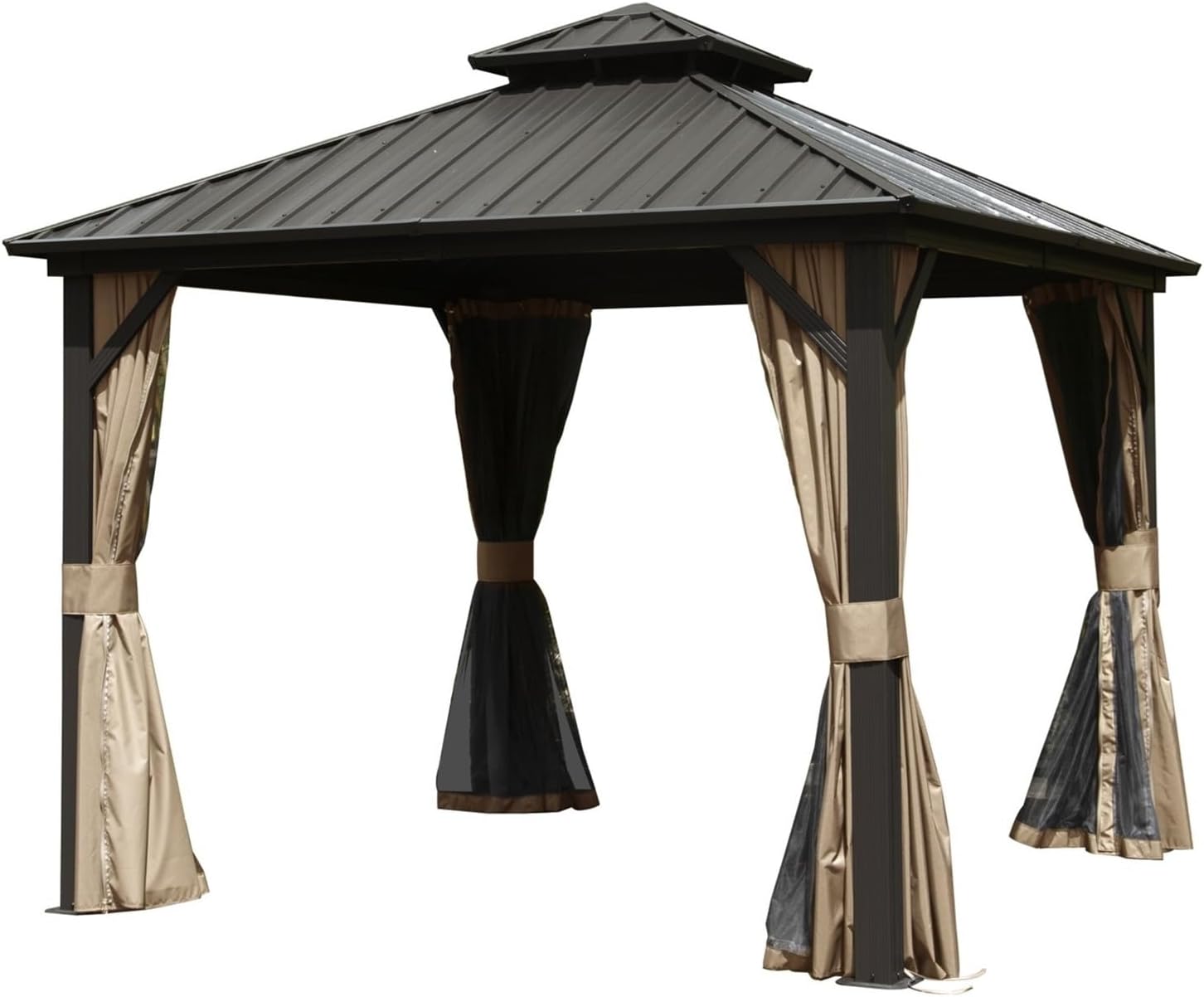 10' X 10' Gazebo Wooden with Double Metal Roof,Aluminum Metal Hardtop Gazebo with Galvanized Steel Double Roof Canopy, Curtain and Netting,Permanent Gazebo Pavilion for Party, Wedding,Outdoor Dining