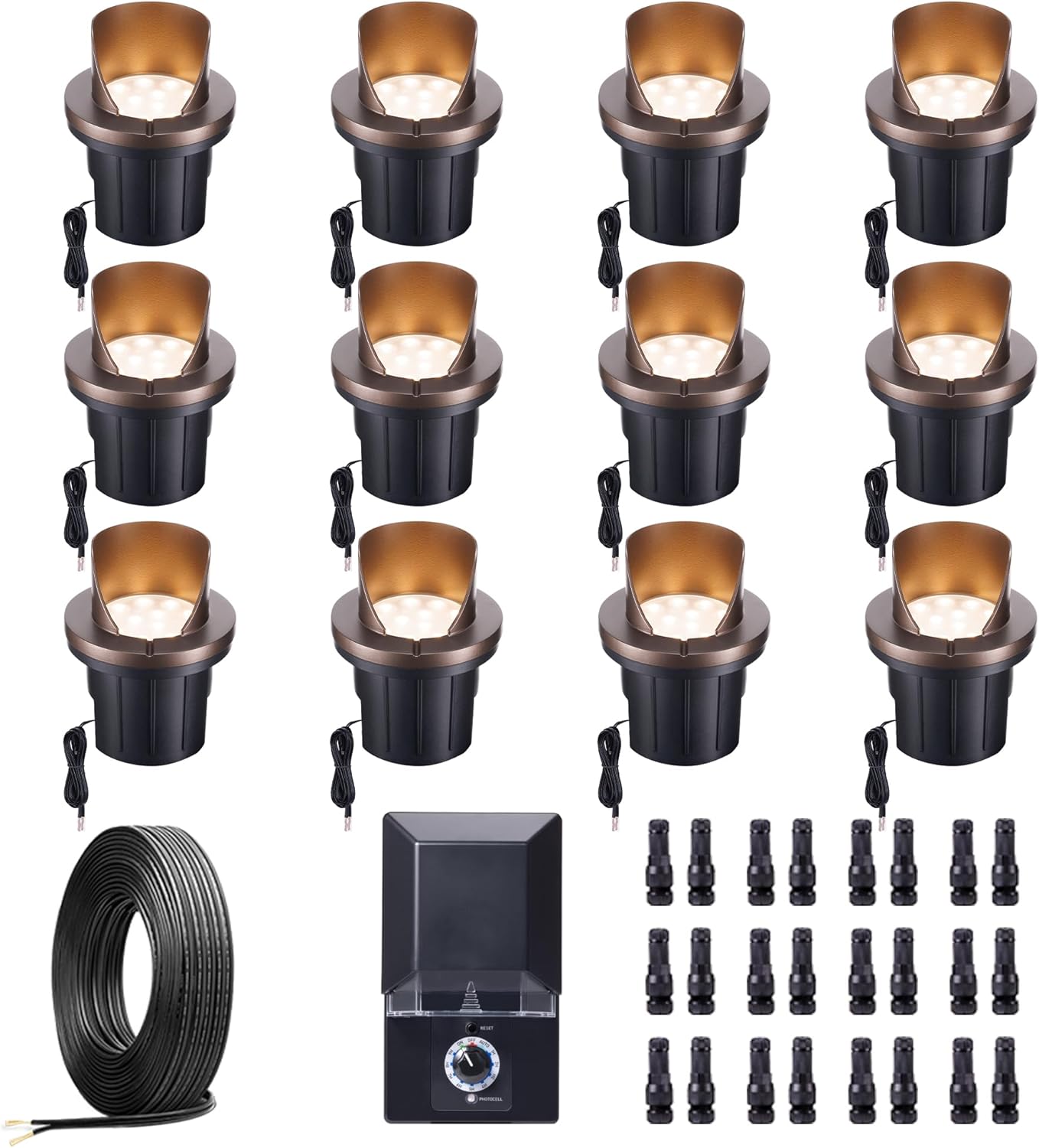 Ground Well Lights Kit, 12 Pack Landscape LED Low Voltage Inground Lights and 200W Transformer and 250FT Cable and 40 Wire Connectors, Outdoor Waterproof IP67 Aluminum for Backyard Wall