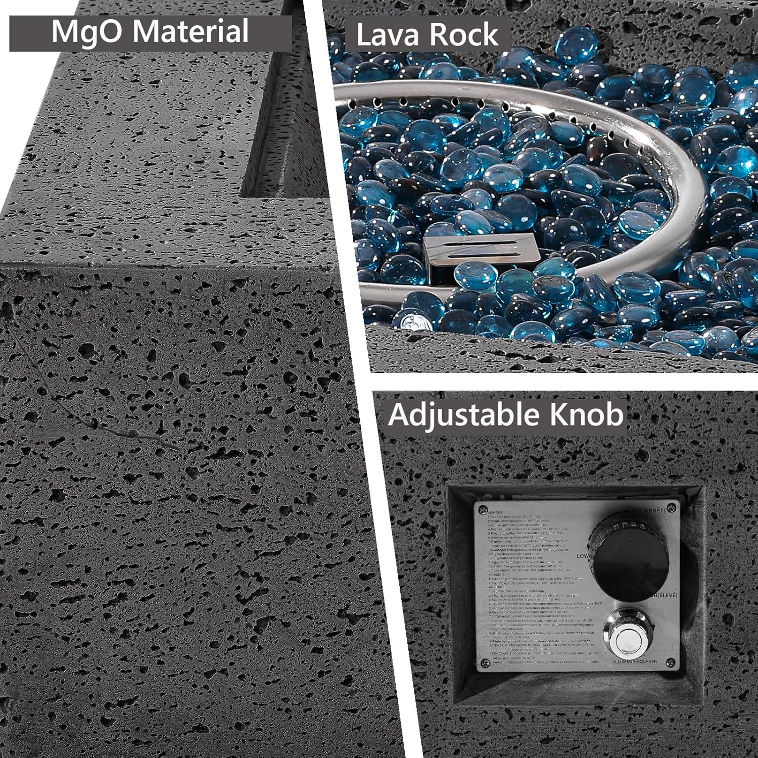 SUNBURY Outdoor Travertine Fire Pit Table, Burning Fire Pit, 35 inch Square Patio Fire Table 50,000 BTU FirePit for Outside with Waterproof Cover and Glass Stones, Light Gray