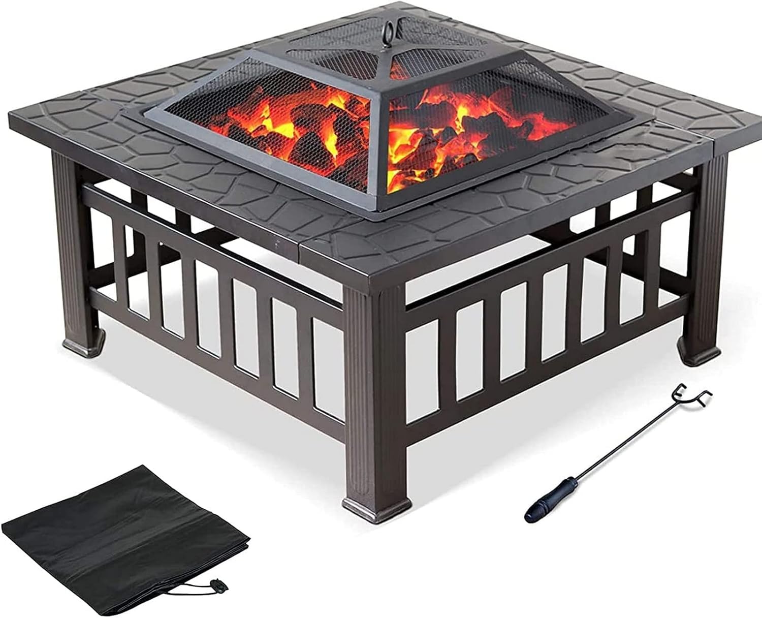 Garden Fire Pit Grill Bowl Grill Barbecue Rack 32In Outdoor Fire Pit Metal Square Firepit Patio Stove Wood Burning BBQ Grill Fire Pit Bowl with Spark Screen Cover, Poker