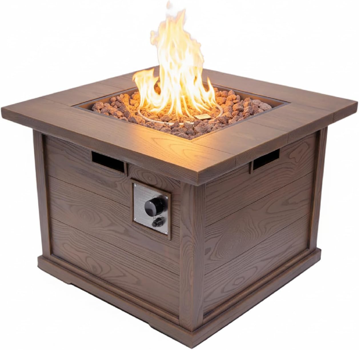 32 Inch Square Propane Fire Pit Table with Built-in Tank Space, 40,000 BTU Outdoor Fire Pit in Brown Wood Pattern, Portable Concrete Composite Fire Pits for Patio Backyard Garden, Only Table - 640K