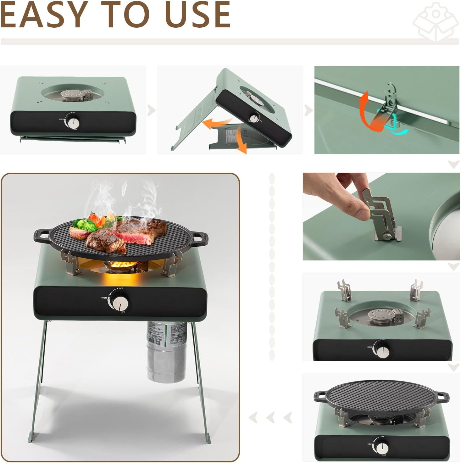 COSIEST 15.7 inch Outdoor Propane Fire Pit, Foldable Smokless Fire Table with Baking Tray, Mini Stainless Seel Iron Fire Pit with Portable Bag, Fire Glass for BBQ, Camping, Party, Yard, Green