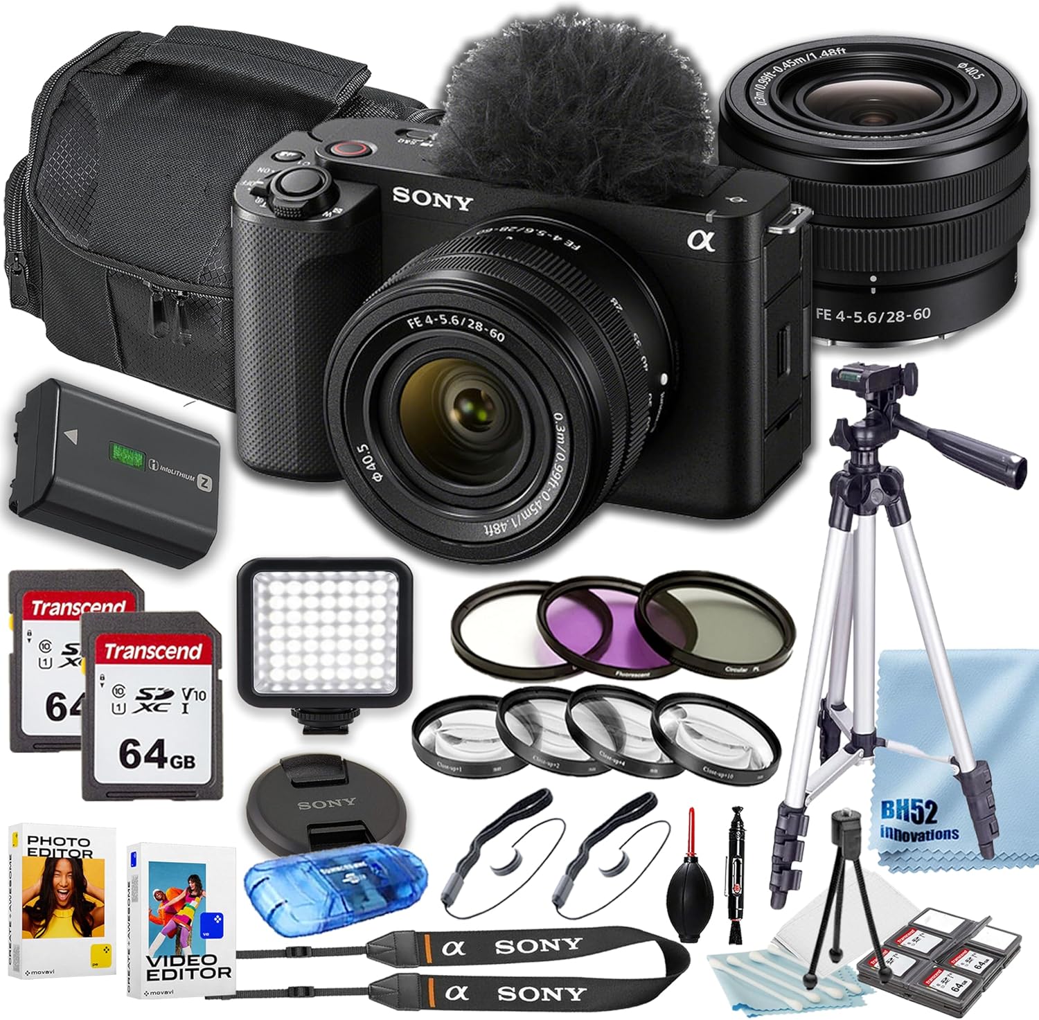 Sony ZV-E1 Mirrorless Camera with Sony FE 28-60mm f/4-5.6 Lens + Filters + Case + 2X 64GB Memory Cards + Tripod + LED Square Light (25PC Bundle) (Renewed)