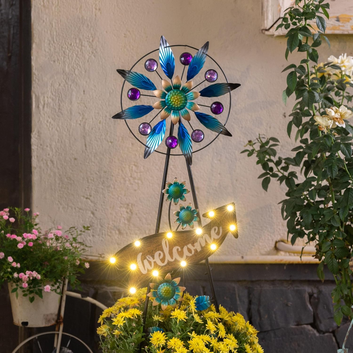TERESA'S COLLECTIONS Peacock Garden Solar Stake, Wind Spinner Yard Art for Outdoor Decor, Metal Purple Windmill Decorative Garden Stake for Lawn Ornaments, Gifts for Mothers Day