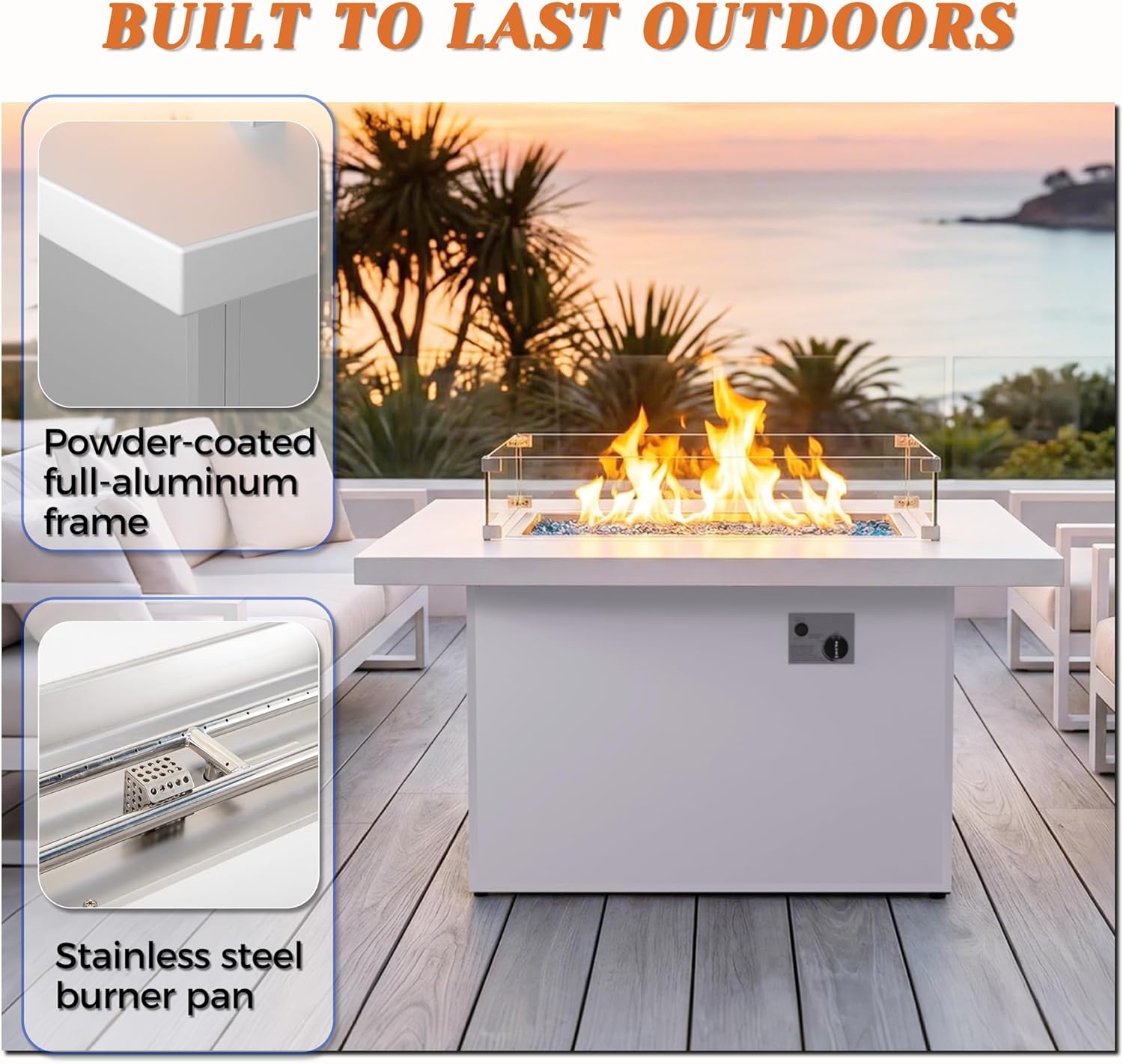 RADIATA Patio Outdoor Aluminum Rectangle Propane Gas Fire Pit Table Anti-Rust 55,000 BTU H-Burner Firepit with Glass Stones & Wind Guard Glass Cover for Outside Garden Yard Pool Balcony (White)