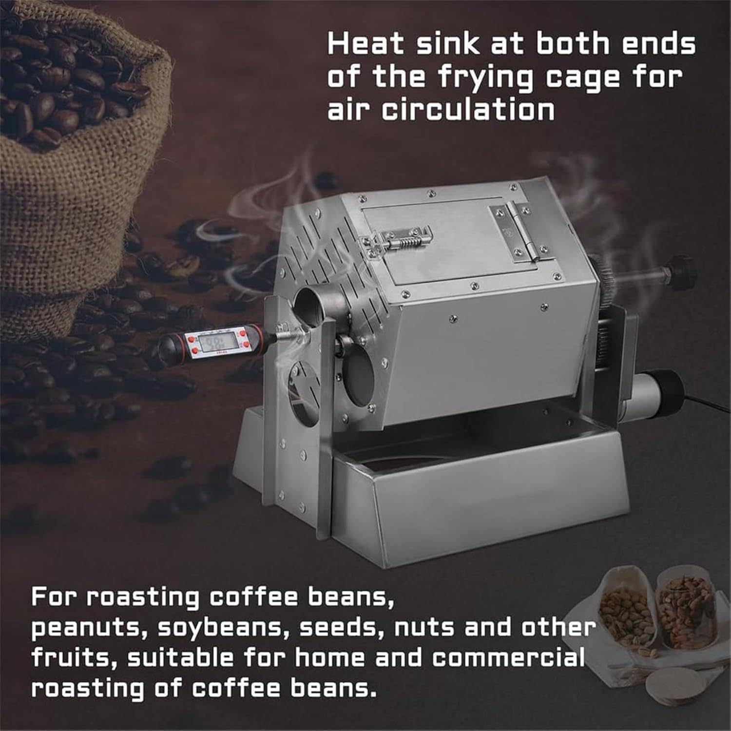 3.4l Stainless Steel Coffee Bean Roaster,Drum Gas Coffee Bean Baker Roasting Machine with Thermometera,5-55rpm/Min Speed and 1.7〜2.2lb/Bake Capacity,360° Constant Temperature
