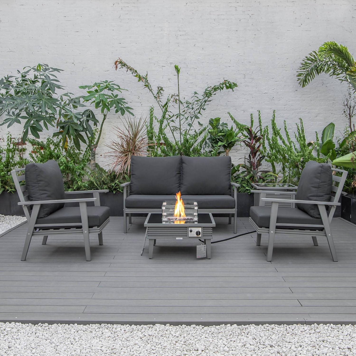 LeisureMod Walbrooke Modern Aluminum 5-Piece Patio Conversation Set with Outdoor Square Fire Pit Slats Design & Side Table Tank Holder, Charcoal