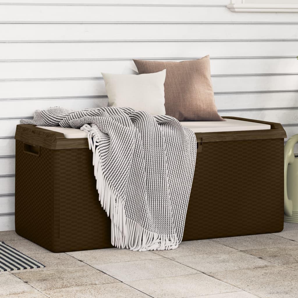 Patio Storage Box with Seat Cushion Brown 92.5 gal PP,AllWeather Rattan Look Garden Storage Box with Comfortable Cushion and GasLift System Storage Boxes, Patio Furniture